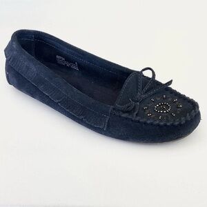 Minnetonka Blue Suede Fringe Beaded Mandala Moccasins 8